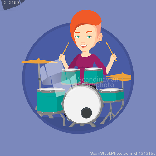 Image of Woman playing on drum kit vector illustration.