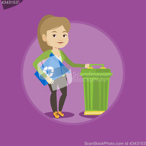 Image of Woman with recycle bin and trash can.