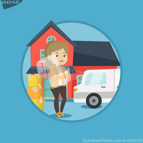 Image of Woman moving to house vector illustration.