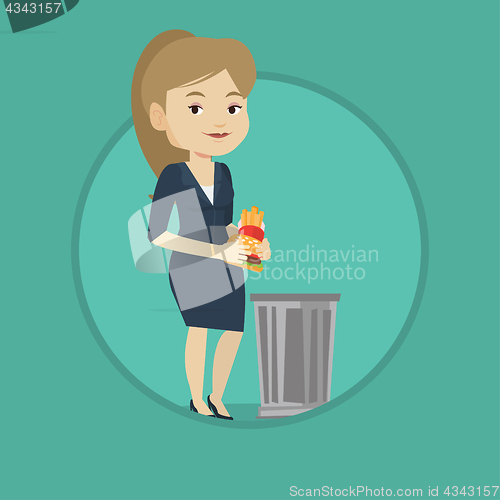 Image of Woman throwing junk food vector illustration.