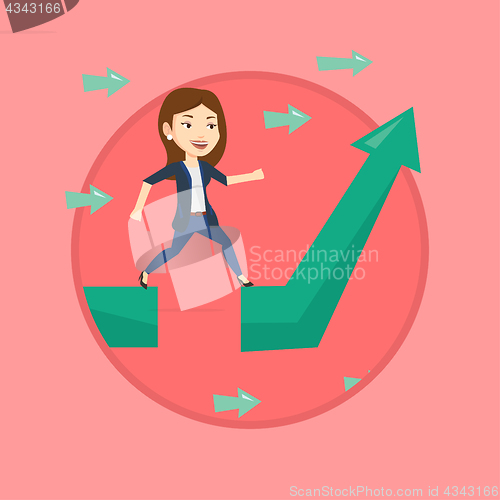 Image of Business woman jumping over gap on arrow going up.