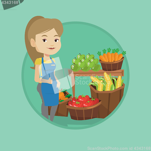 Image of Friendly supermarket worker vector illustration.