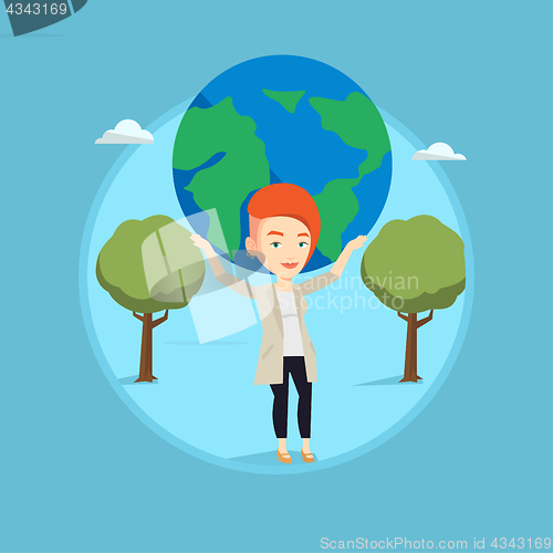 Image of Business woman holding globe vector illustration.