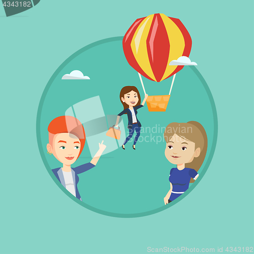 Image of Business woman hanging on balloon.