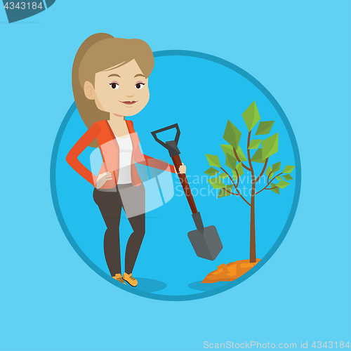 Image of Woman plants tree vector illustration.