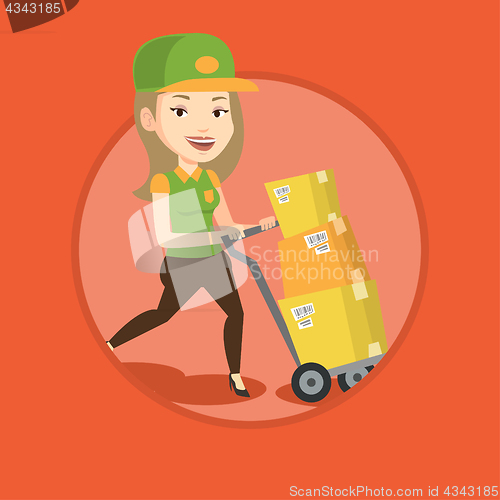 Image of Delivery postman with cardboard boxes on trolley.