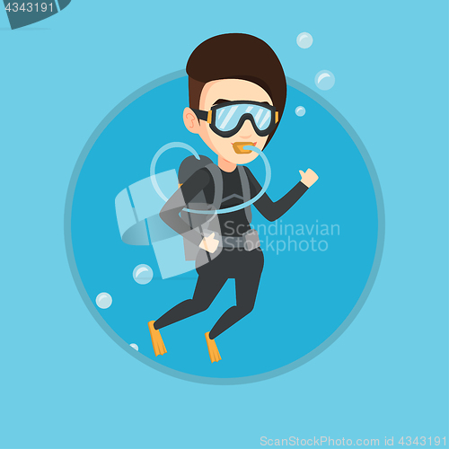 Image of Woman diving with scuba and showing ok sign.