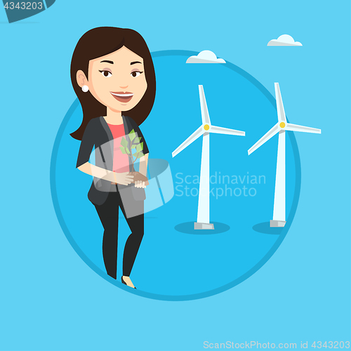 Image of Woman holding small plant vector illustration.