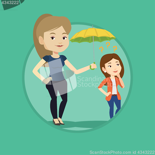 Image of Businesswoman holding umbrella over woman.