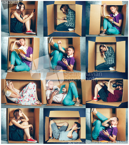 Image of Introvert concept. Collage of man and women sitting inside box