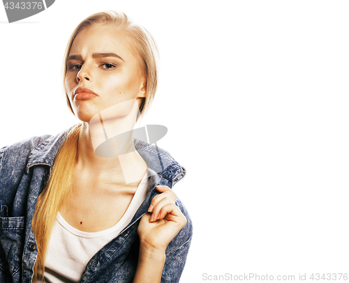 Image of young blond woman on white backgroung gesture thumbs up, isolate