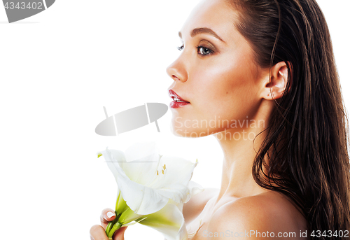 Image of young pretty woman with  Amarilis flower close up isolated on wh