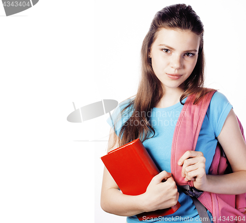 Image of young cute teenage girl posing cheerful against white background with books and backpack isolated, lifestyle people concept