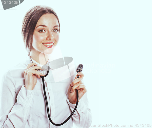 Image of young pretty woman doctor with stethoscope on white background 