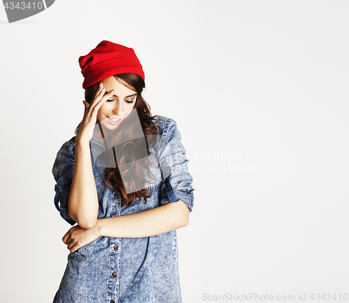 Image of young cheerful brunette teenage girl on white background