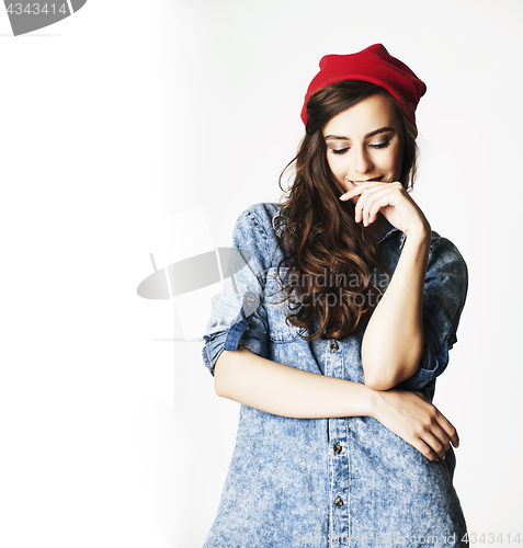 Image of young cheerful brunette teenage girl on white background