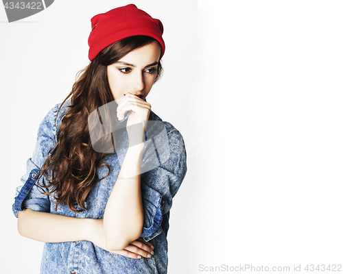 Image of young cheerful brunette teenage girl on white background