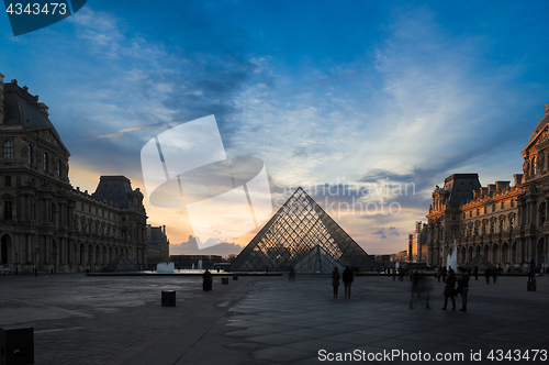 Image of View of famous Louvre Museum with Louvre Pyramid