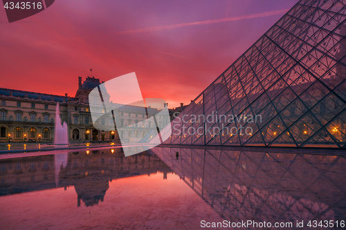 Image of  View of famous Louvre Museum with Louvre Pyramid