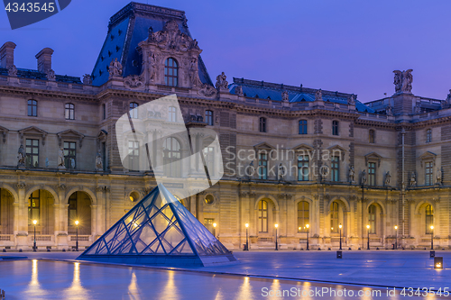 Image of View of famous Louvre Museum with Louvre Pyramid