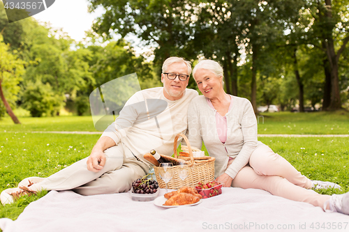 Image of happy senior couple having picnic at summer park