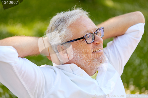 Image of happy senior man in glasses sitting at summer park