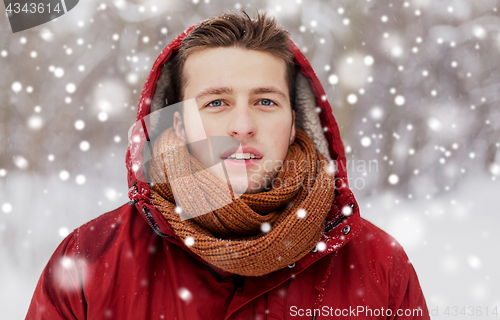 Image of happy man in winter jacket with hood outdoors