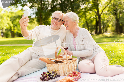 Image of senior couple taking selfie at picnic in park