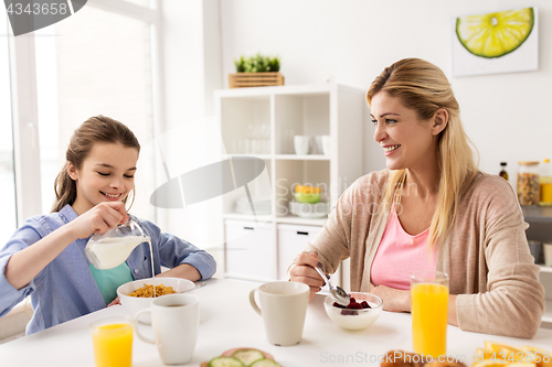 Image of happy family having breakfast at home kitchen