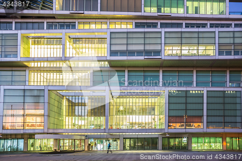 Image of Exterior of Slovenian Chamber of Commerce at dusk.