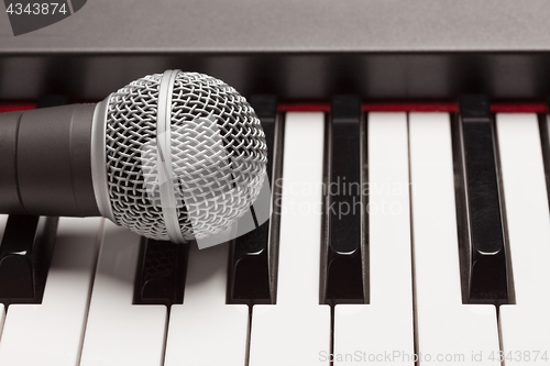 Image of Microphone Laying on Electronic Synthesizer Keyboard Abstract