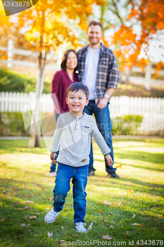 Image of Outdoor Portrait of Happy Mixed Race Chinese and Caucasian Paren