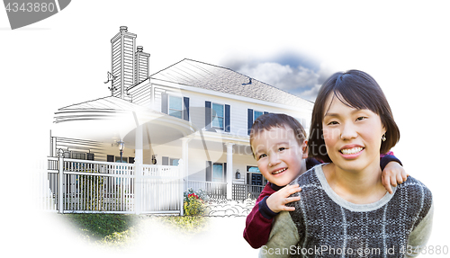 Image of Chinese Mother and Mixed Race Child In Front of House Drawing on