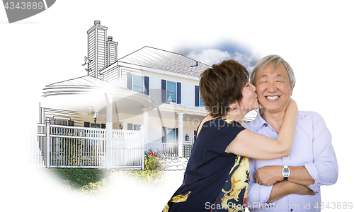 Image of Happy Chinese Senior Couple Kissing In Front of House Drawing on