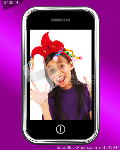 Image of Happy Young Girl Photo On Mobile Phone