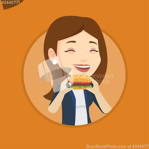 Image of Woman eating hamburger vector illustration.