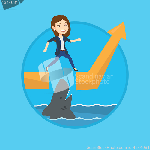 Image of Business woman jumping over ocean with shark.