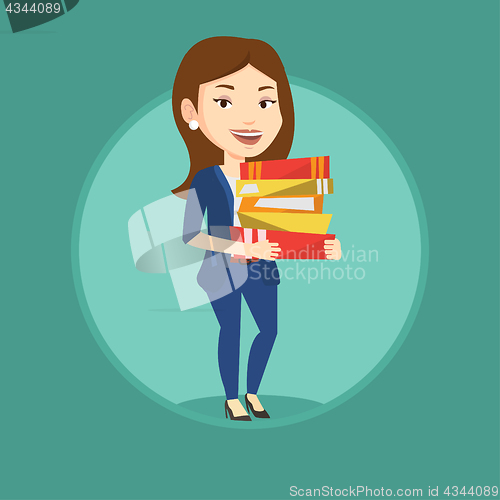 Image of Woman holding pile of books vector illustration.