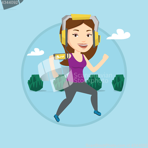 Image of Woman running with earphones and smartphone.