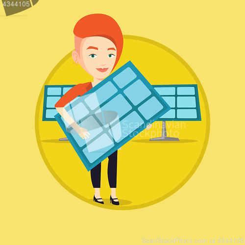 Image of Woman holding solar panel vector illustration.