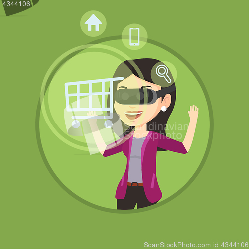 Image of Woman in virtual reality headset shopping online.
