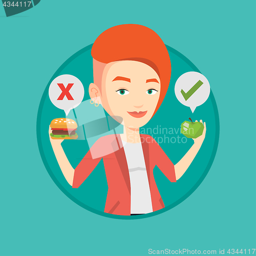 Image of Woman choosing between hamburger and cupcake.