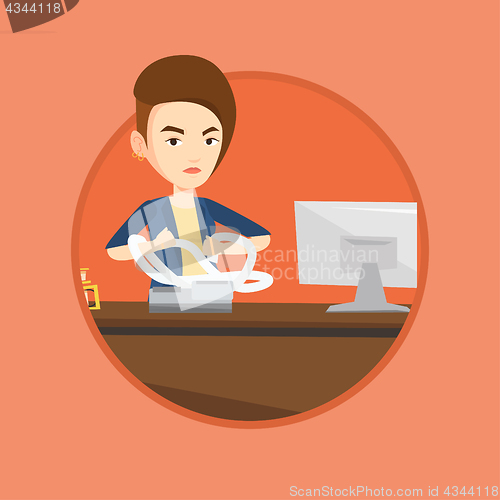 Image of Angry business woman tearing bills or invoices.