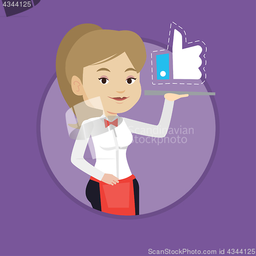 Image of Waitress with like button vector illustration.