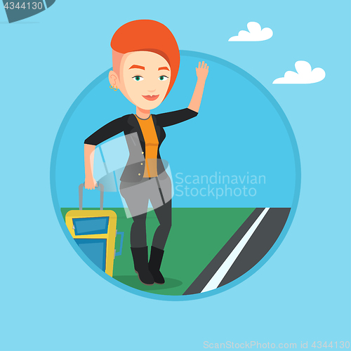 Image of Young woman hitchhiking vector illustration.