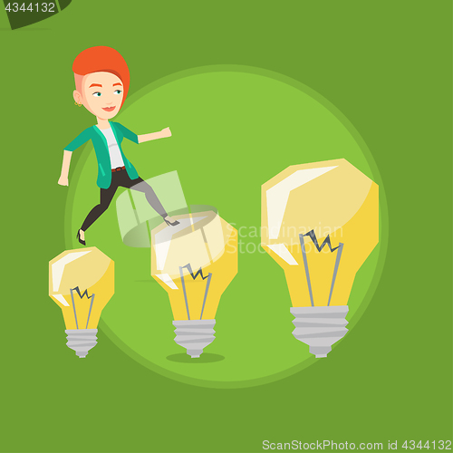 Image of Business woman jumping on light bulbs.