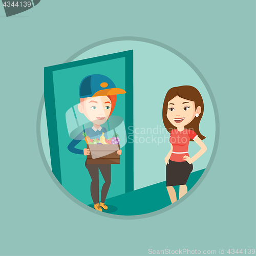 Image of Delivery courier delivering groceries to customer.