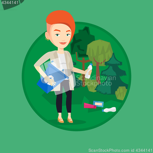 Image of Woman collecting garbage in forest.