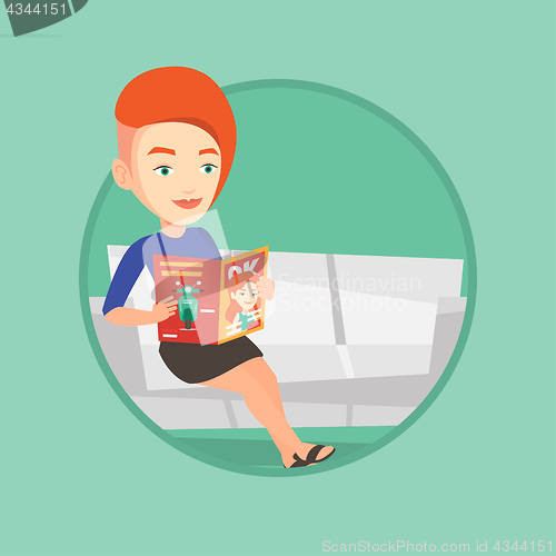 Image of Woman reading magazine on sofa vector illustration