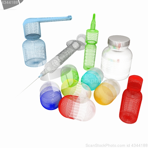 Image of Syringe, tablet, pill jar. 3D illustration